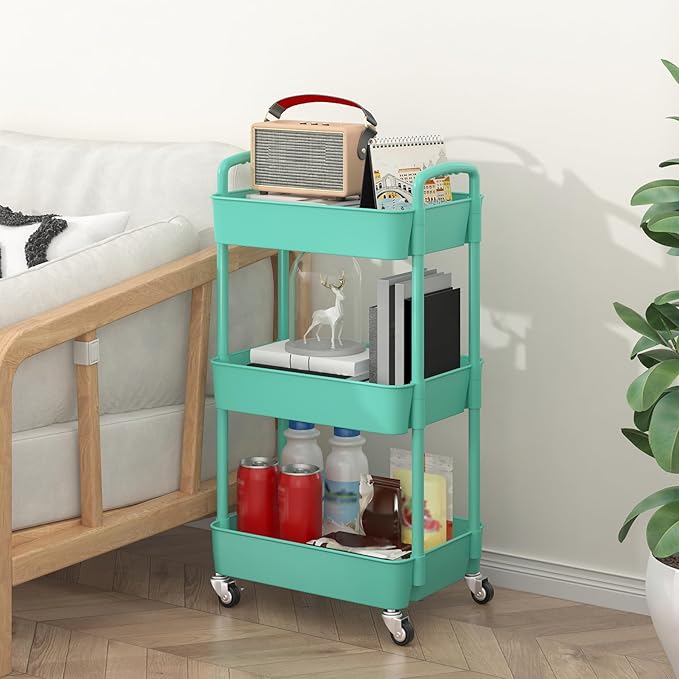 Sywhitta 3-Tier Plastic Rolling Utility Cart with Handle, Multi-Functional Storage Trolley for Office, Living Room, Kitchen, Movable Storage Organizer with Wheels, Green