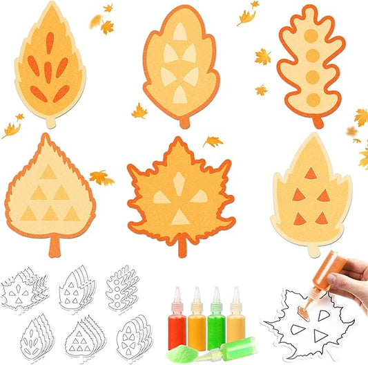 24 Pcs Fall Sand Art Craft Kits for Kids Autumn Maple Leaves DIY Craft with Colored Sand Brushes Make Your Own Sand Art for Fall Thanksgiving Home Party Activities Fun