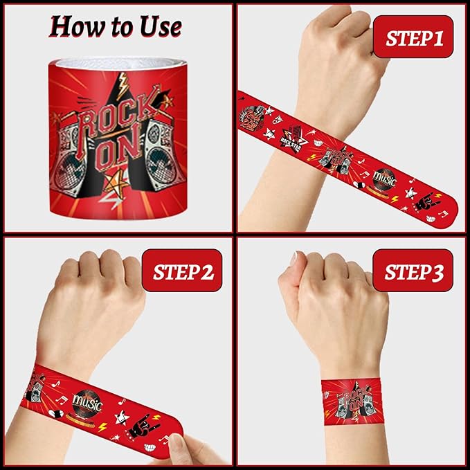48PCS Rock and Roll Party Favors Slap Bracelets Wristbands Rock Star Party Decorations Supplies for 80s 90s Born to Rock Rock Fake Musician Guitar Rap Theme Party
