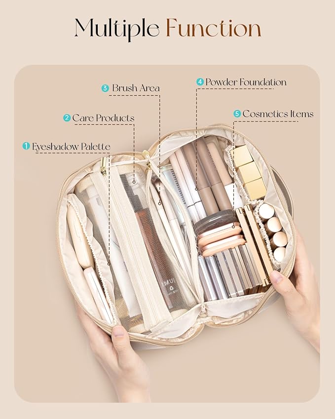 Vlando Makeup Bag,Large Capacity Travel Toiletry Bag,Cosmetic Bags for Women PU Leather Waterproof Portable Pouch with Divider & Handle-Toffee