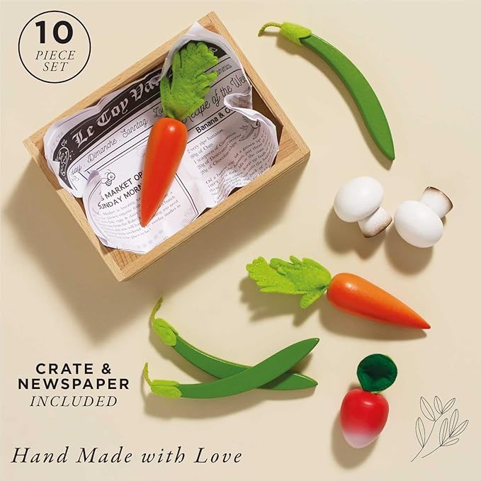 Le Toy Van - Wooden Honeybee Market Vegetables '5 a Day' Crate | Fun Role Play Supermarket Pretend Play Shop Food | Great Gift for Boys Or Girls, Harvest Vegetables Crate (TV182)