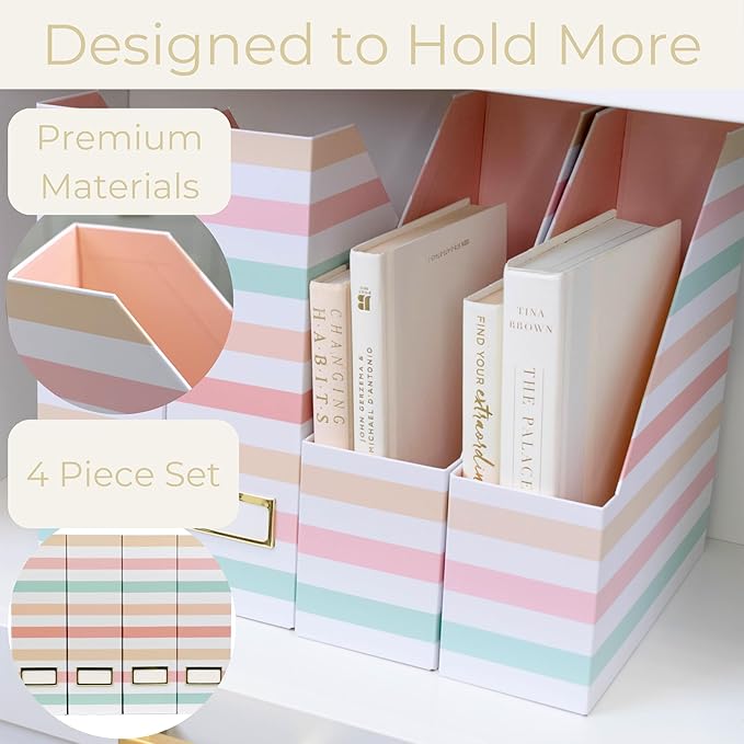 BLU MONACO Set of 4 Foldable Magazine Holders in Pastel Stripes | Cardboard Vertical File Organizer Boxes with Gold Label Holders | Stylish Paper Organizer for Desk, Office & Classroom