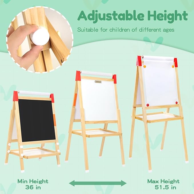 GAOMON Art Easel for Kids, Wooden Dry Erase Easel w/Large LCD Board & Magnetic Whiteboard, Paper Roll, Adjustable Height & Accessories, Double-Sided Drawing Standing Easel for Boy Girl Aged 3+
