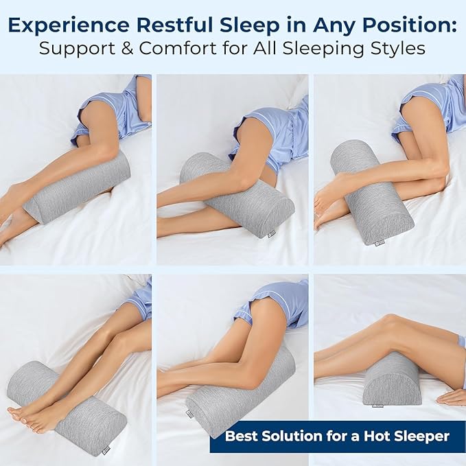 5 STARS UNITED Knee Pillow for Back Sleeping – Cooling Cover - Memory Foam Cushion for Sciatica Pain Relief – Under Leg Support for Sleeping on Back – Half Moon Bolster for Bed, Arctic Gray