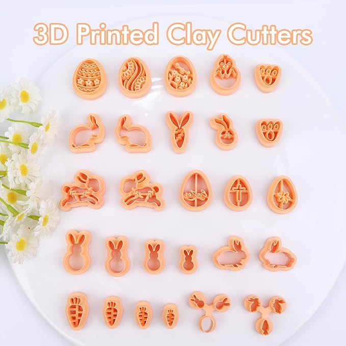 Puocaon Easter Polymer Clay Cutters - 27 Pcs Clay Cutters for Polymer Clay Earrings, Cute Bunny Rabbit Clay Cutters, Carrot Easter Eggs Clay Jewelry Cutters, Rabbit Feet Polymer Clay Cutters