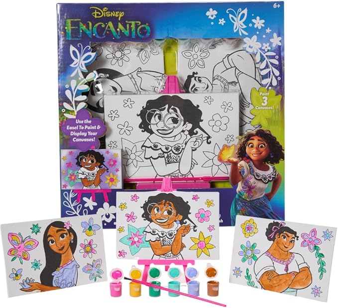 Innovative Designs Disney Encanto Canvas Paint Set for Kids with 3 Canvases, Acrylic Paint, Paintbrush, & Easel
