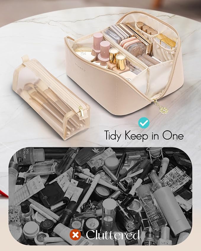 Vlando Makeup Bag,Large Capacity Travel Toiletry Bag,Cosmetic Bags for Women PU Leather Waterproof Portable Pouch with Divider & Handle-Toffee