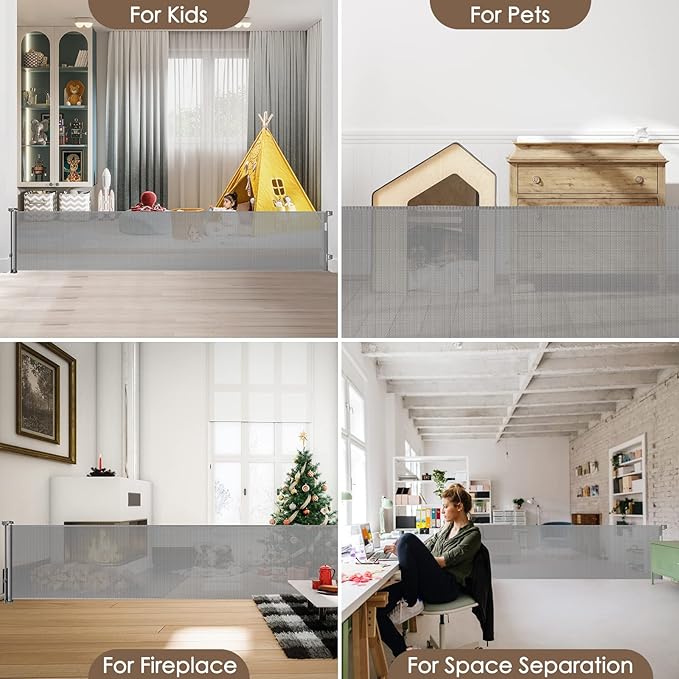 185 Inch Extra Wide Retractable Baby Gate Retractable Gate Outdoor Long Baby Gates Indoor Extra Long Dog Gate Extra Wide Baby Gates for Large Openings, Mesh Baby Gate Retractable Gates for Dogs, Gray