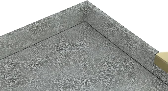 HofferRuffer Faux Leather Decorative Serving Tray, Elegant Coffee Table Ottoman Tray, Breakfast, Drinks, Liquor Serving Platter, Dark Grey Shagreen Finish with Gold Hardware Handle (Square)