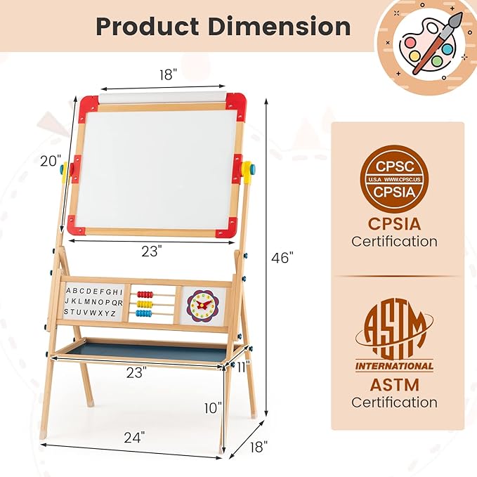 HONEY JOY Easel for Kids, Rotatable Double-Sided Wooden Toddler Easel w/Magnetic Chalkboard & White Board, Paper Roll, Painting Accessories, Dry Erase Board, Art Easel for Boys Girls