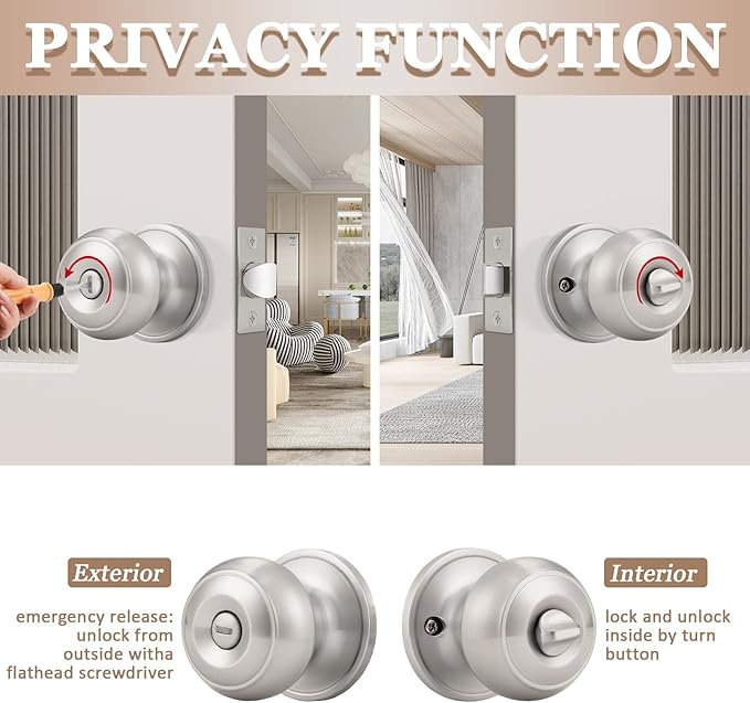 Probrico 6 Pack Round Privacy Door Knob(Thumb Turn Lock on The Inside), Keyless Doorknobs Interior/Exterior Lockset,Privacy Knobs for Bedroom/Bathroom,Satin Nickel Modern Design Door Hardware