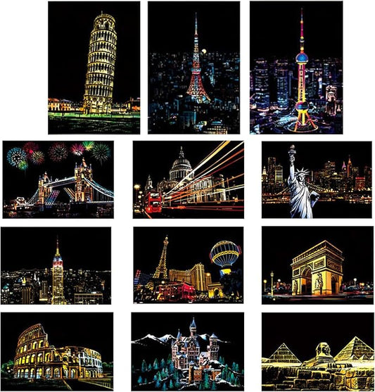 Georgie Porgy Scratch Paper Art Set DIY Arts and Crafts Kits for Kids Adults Magic Rainbow Scratch Postcards for Christmas Birthday Gift with Scratching Tools Kit (Classical Ancient Modern City)