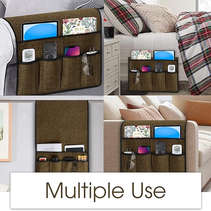 Joywell Armchair Caddy for Couch Remote Control Holder Recliner Armrest Organizer Non Slip Sofa Arm Chair Caddie with 6 Pocket Storage for Magazine, Tablet, Phone, iPad, Chocolate