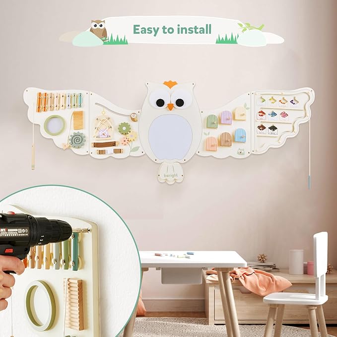 Beright Owl Activity Wall Busy Board Panels, Montessori Sensory Toys, Toddler Learning Activity Center, Perfect for Toddler Playroom & Children's Daycare, White