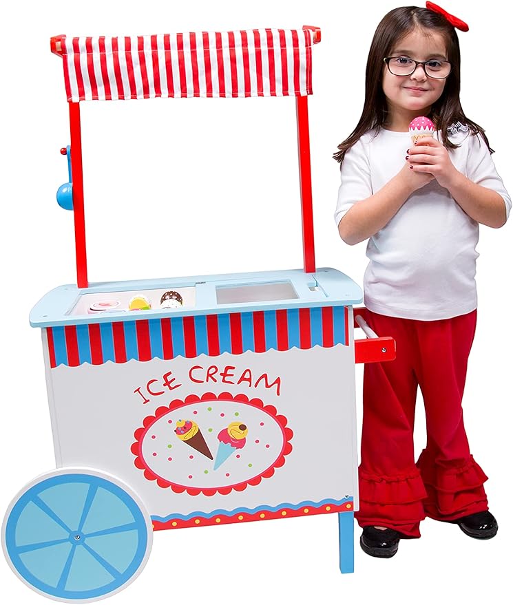 Ice Cream Cart Kids Pretend Play Stand- 33+ Pc Accessories, Realistic Premium Wooden Toy Activity Set, Money Box Chalkboard & Icecream Truck- Popsicles Cones Unique Flavors- Girls Boys Role Play Gift