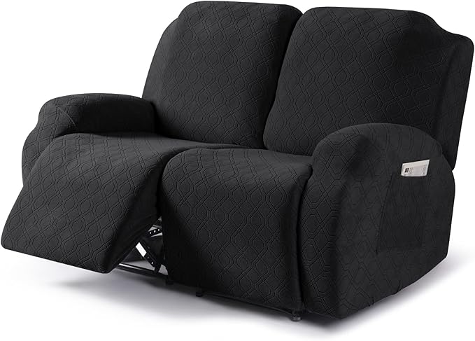 VANSOFY Recliner Cover, 2-Pieces Stretch Reclining Couch Cover with Pockets Loveseat Sofa Slipcovers Soft Washable Furniture Protector for Dogs Cats(Black)