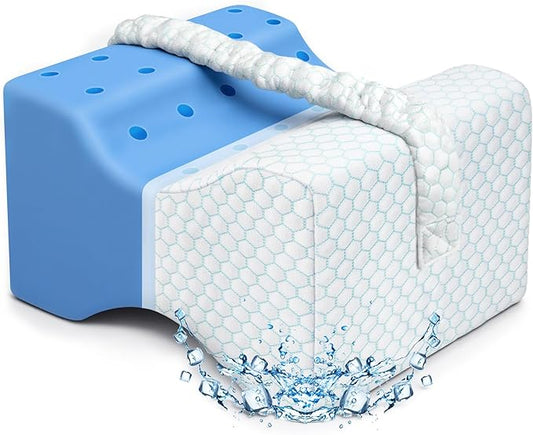 KingPavonini Cooling Knee Pillow for Side Sleepers, Gel Memory Foam Leg Pillows for Side Sleeping with Ice Silk Cover and Strap, Knee Pillow for Back Hip Pain, Spine Aligning, Sciatica, Pregnancy