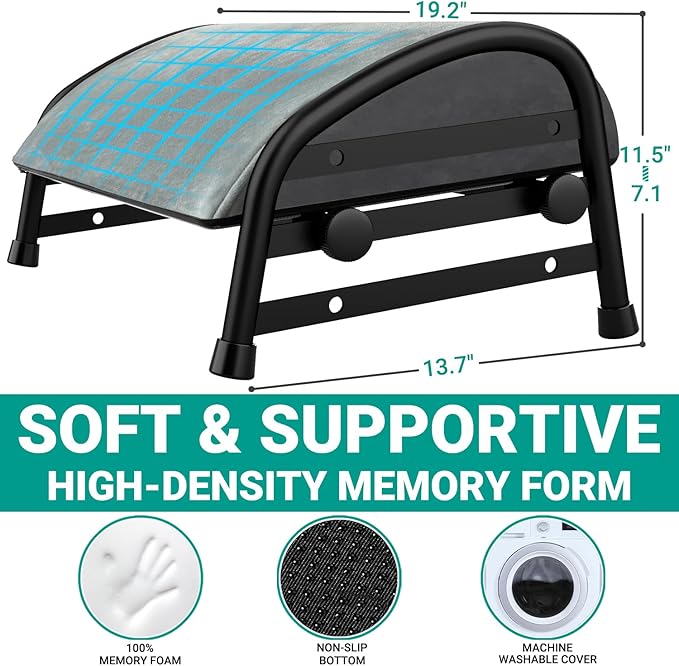 Adjustable Foot Rest for Under Desk at Work, Velvet Under Desk Footrest with Metal Frame, Padded Foot Stools for Under Office Desk, Ergonomic Leg Rest for Desk Chair, Car, Computer - Gray