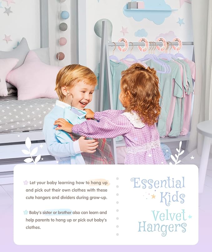 Baby Hangers, VIS'V 11 Inch Lavender Velvet Kids Hangers with 6 Pcs Size Dividers Non Slip Nursery Children Closet Clothes Hangers for Infant Toddler Girls and Boys 50 Pcs