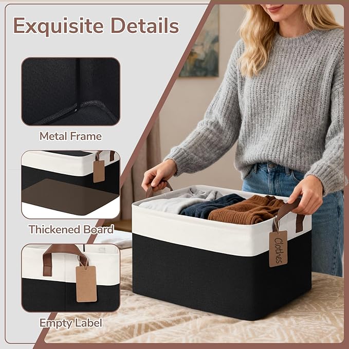 CHICVITA 4 Pack Large Storage Baskets for Shelves, Collapsible Fabric Storage Bins with Metal Frame Handles, Decorative Closet Organizers Bins for Toys, 16.8" x 11" x 9.8", Black & White