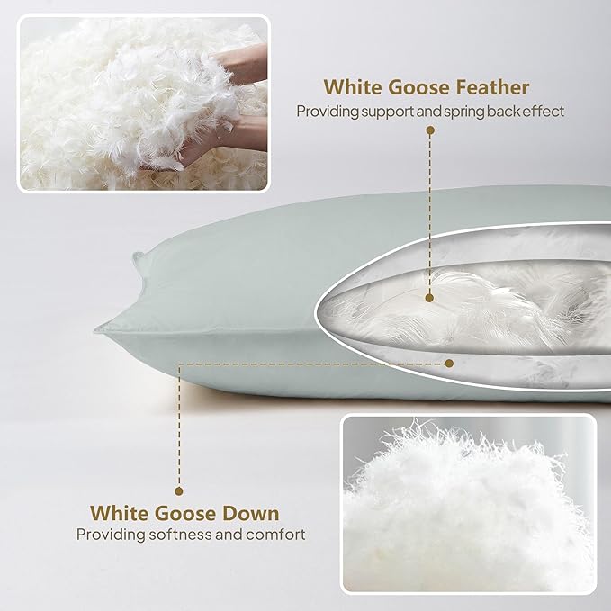 Goose Down Body Pillows for Adults, Large Body Pillow for Side Sleeper, Hugging Feather Body Pillow Insert, Cooling Full Length Long Pillow for Bed with 100% Organic Cotton Shell, 20"x60" Baby Blue