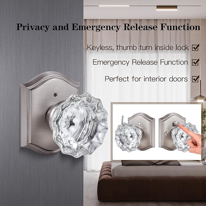 Premium Glass Door Knobs for Interior Doors, Bathroom Bedroom Door Knobs with Lock, Door Knobs Interior Brushed Nickel