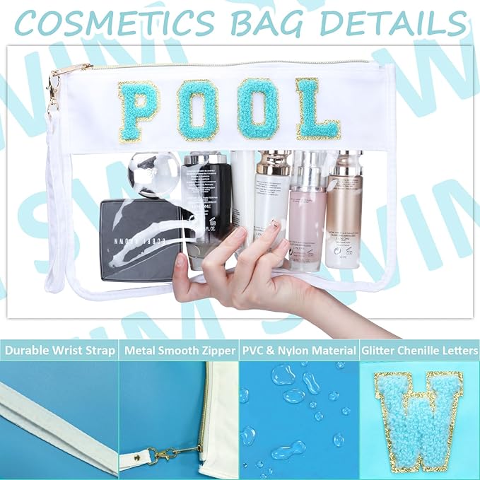 BuyCard 2 Pcs Pool Bag Cosmetic Makeup Bag with Chenille Letter Patch, Clear Pouch PVC Organizer Purse, Waterproof Travel Beach Bag, Portable Toiletry Storage Bag