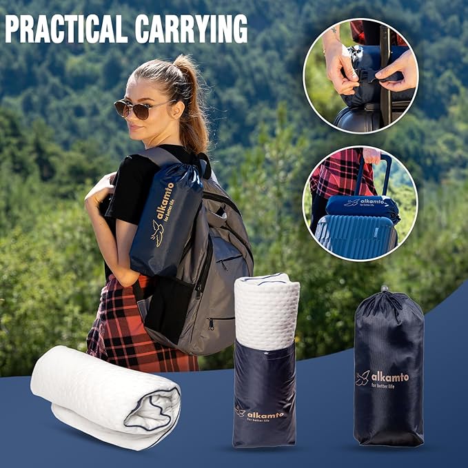 alkamto Travel & Camping Comfortable Memory Foam Pillow – Easy to Carry Portable Bag – Temperature Regulating Pillow Case (White Contour + Extra Cover)