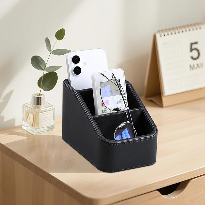 PU Leather Remote Control Holder, Small Desk Organizer Office Supply Bedside Caddy for Nightstand End Table Couch, Pen Remote Organizer with 3 Compartments (Black)