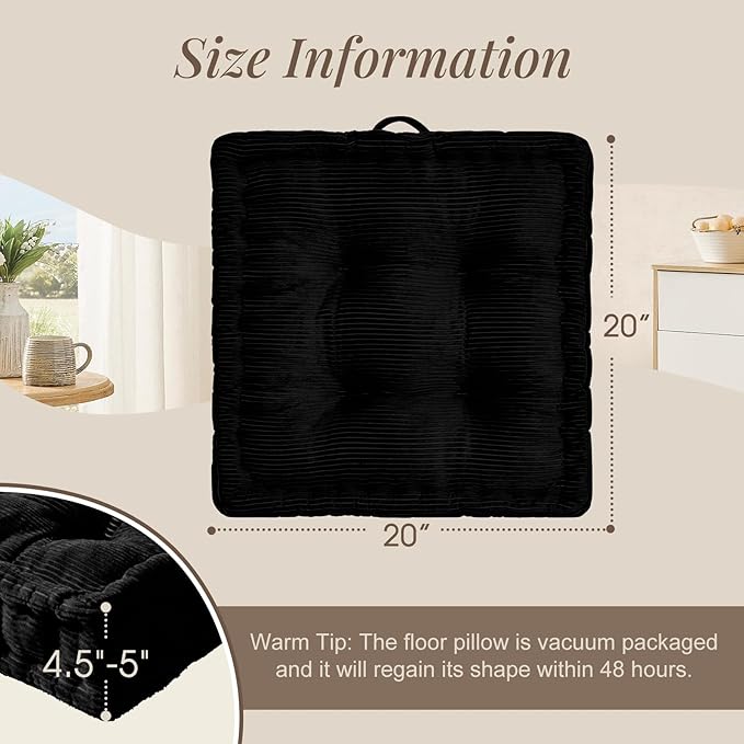 Wellsin Square Floor Pillows for Adults Kids - Meditation Floor Pillow Seating Cushion - Tufted Floor Cushion with Shredded Foam & Velvet Cover, 2 Pack, 20x20 Inch, Black