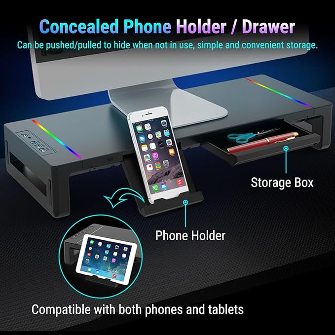 YUEHISY Monitor Stand Riser with 4 USB Ports, Phone Holder & Storage Drawer, Adjustable Foldable Computer Monitor Riser for Laptop, TV, Printer, Speaker