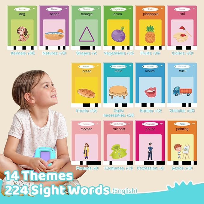 Talking Flash Cards, Montessori Learning Toy for Toddler, Autism Sensory Product Speech Therapy Toys, Preschool Kindergarten Educational Toy Sight Words Phonics for 2 3 4 Year Old Boys Girls