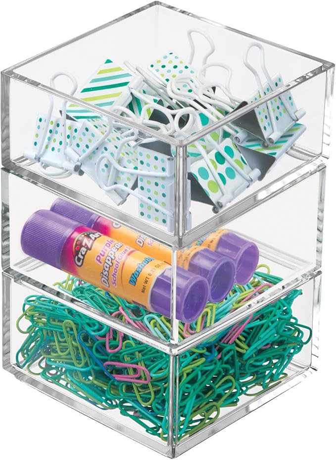 mDesign Plastic Square Desk Organizer - Create Section for Home Office Drawers, Desktop - Holds Pens, Paper Clips, Notebooks and Other Office Supply Accessory - Lumiere Collection - 3 Pack, Clear