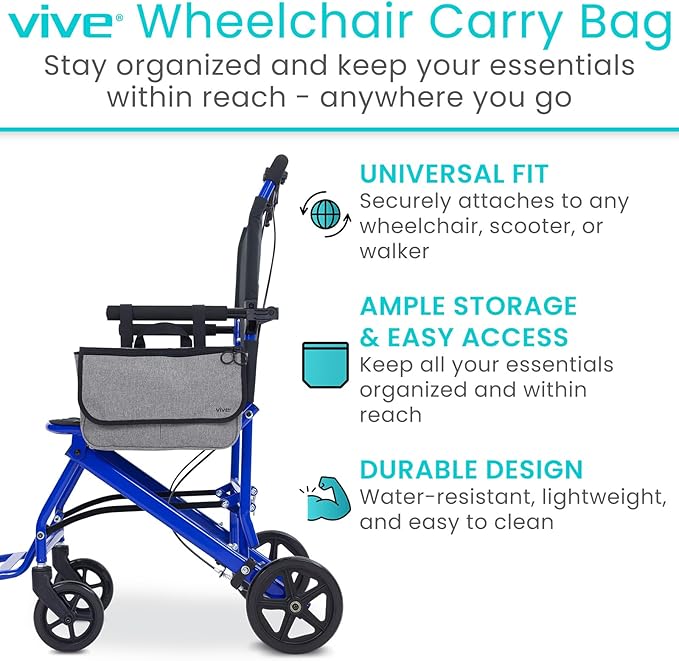 Vive Wheelchair Carry Bag - Arm Rest Pouch for Rollator, Walkers, Power Wheel Chairs and Knee Scooters - Side Storage Organizer for Elderly, Seniors, Adults (Gray)