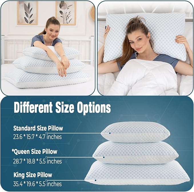 alkamto Cooling Shredded Memory Foam Pillow – Adjustable Gel for Personalized Support – Double-Sided Ice Silk & Soft Rayon – Lightweight, Compressible (White) (Queen)