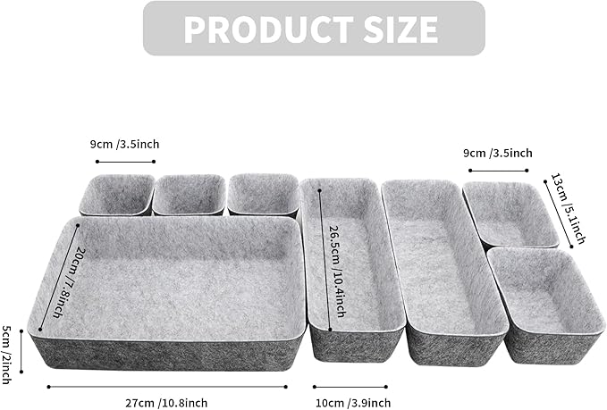 8pcs Drawer Organizers, Separators, Storage Box,Felt Storage Bins Inserts Tool Containers Toy Basket Shelf Cubes Foldable Drawer Dividers Desk Organisers -Grey Matching