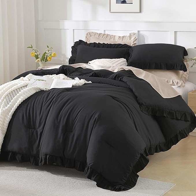 Andency Twin Size Comforter Set Black, 2 Pieces Kids Bedding Comforter Set for Twin Bed, Ruffle Farmhouse Shabby Chic Soft Microfiber Bed Set for Boys