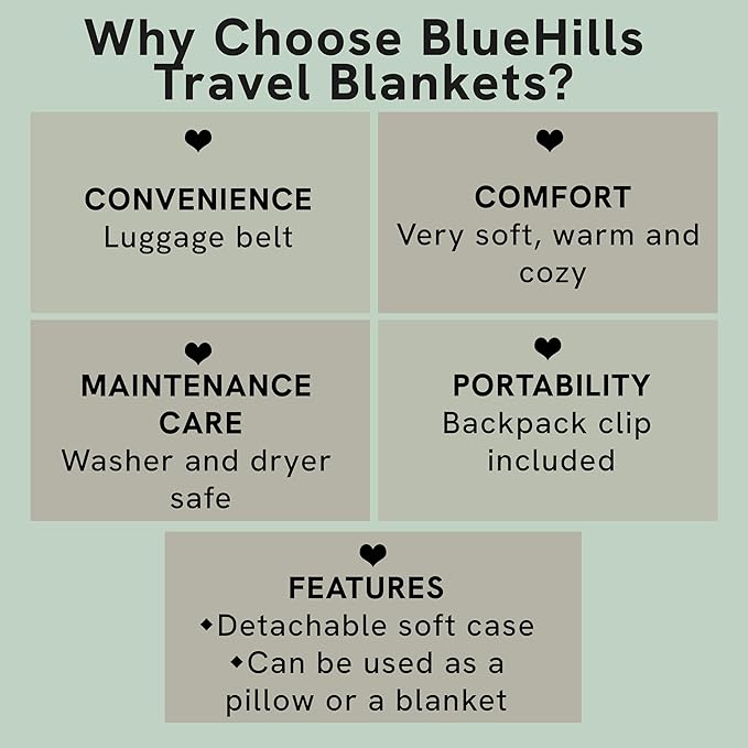 BlueHills Premium Soft Long Travel Blanket Pillow for Tall Airplane Flight Essentials Large Compact 2 in 1 Airline Throw Packable Warm Plane Traveling Comfort Accessories Grayish Blue T056