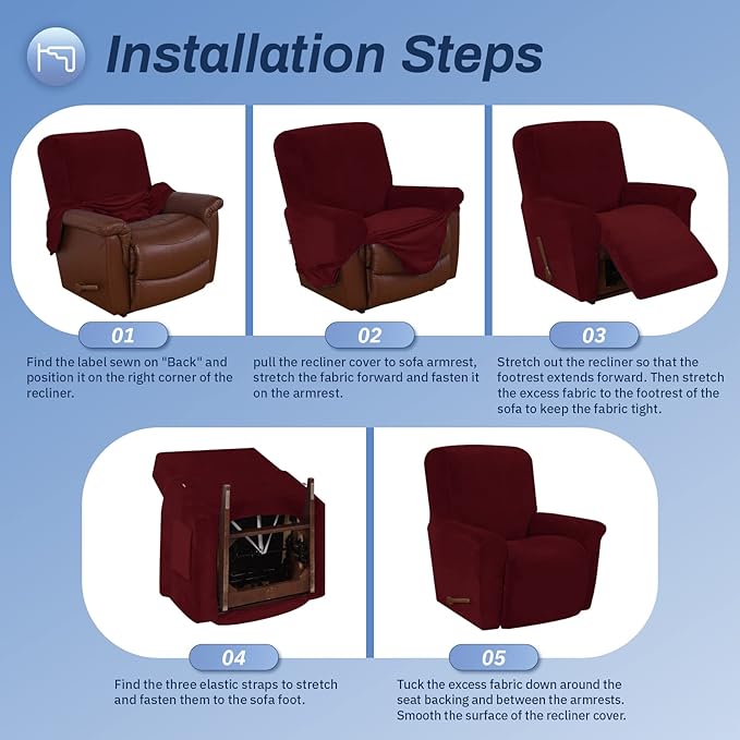 WEERRW Velvet High Stretch Recliner Chair Cover 1 Piece Recliner Couch Cover, Washable Furniture Protector with Non Slip Elastic Bottom for Kids and Pets, Burgundy