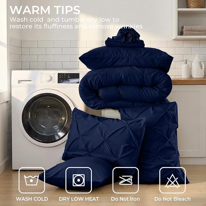 Sasttie Queen Comforter Set, 7-Piece Bed in a Bag, Pintuck Bedding Sets for All Season, Includes Comforter, Flat Sheet, Fitted Sheet, Pillowcases and Pillowshams, Navy