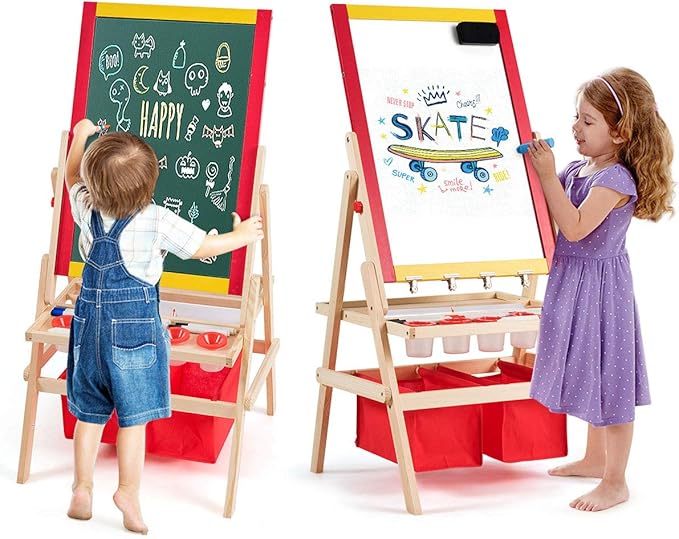 HONEY JOY Easel for Kids, Wooden Double-Sided Standing Toddler Easel w/Magnetic Chalkboard & White Board, Paper Roll, Painting Accessories, Magnetic Alphabet, Art Easel for Boys and Girls, Red