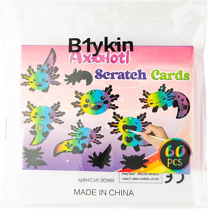 B1ykin 60Pcs Axolotl Scratch Card Gifts Ornaments Set, DIY Magic Axolotl Scratch Cards Craft Kit for Kids, Black Hanging Tags Party Favors for Birthday School Classroom Art Activity