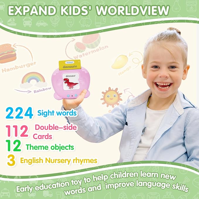 Spanish Talking Flash Cards for Toddlers 1 2 3 4 5 6 Years Boys Girls, Bilingual Toy for Kids Pocket Speech Audible Flashcards, Educational Sensory Toys