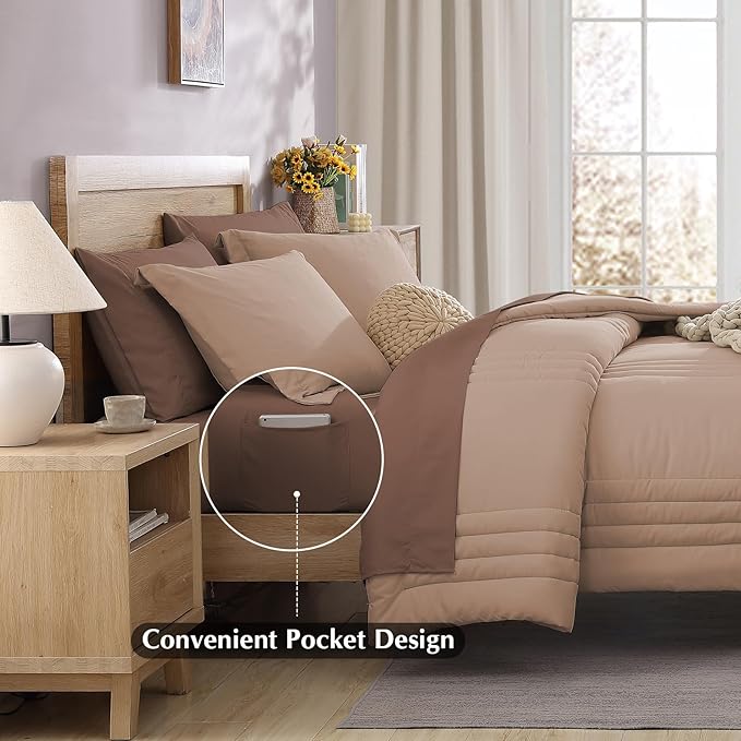 Monbix Queen Comforter Set - 7 Pieces Rust Pink Bed in a Bag Queen Bedding Sets with Comforters, All Seasons Comforter Bed Set with Sheets,Pillowcases & Shams