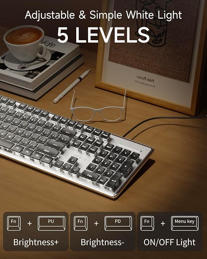 EWEADN GX710S Backlit Computer Keyboards, Wired USB Keyboard with White Backlit, Metal Panel, Plug and Play, Pudding Keycaps Full Size Quite Computer Keyboard for Win/PC/Laptop-Black