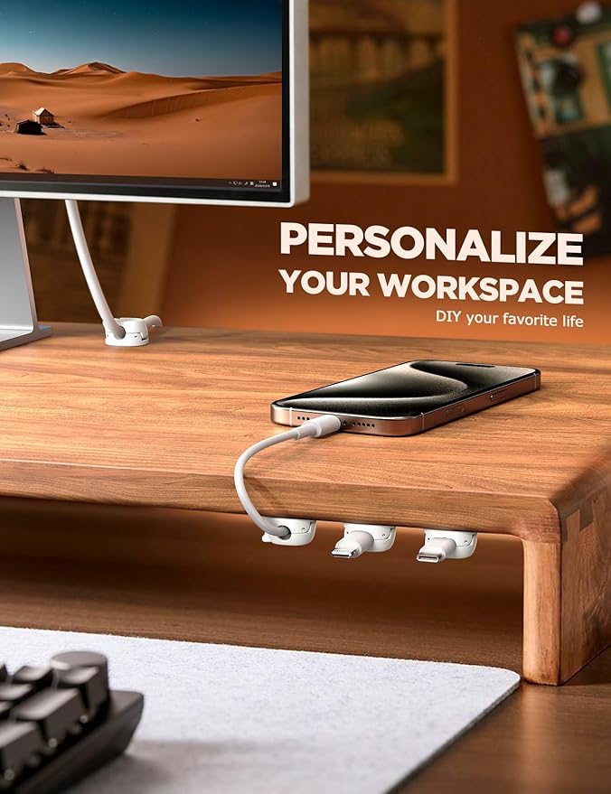 12Pack Cord Organizer [Dual Spring & Clasp] [Max Stability] Cable Clips, Chfeila Cord Holder, Desk Cable Management, Adhesive Wire Organizer for Home Office Desktop Nightstand Car Table Wall - White