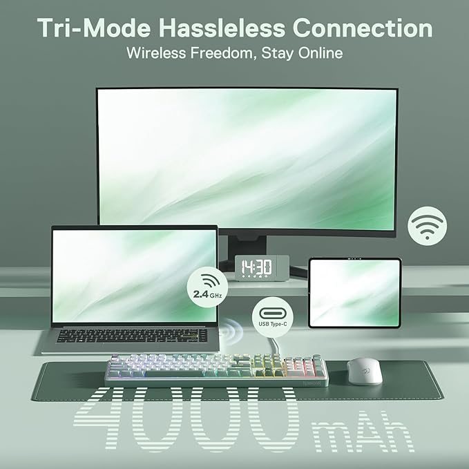 Redragon K761 Wireless Gasket Gaming Keyboard w/Hype Screen & Knob, 104 Keys Mechanical Keyboard, Easy-Control 1.26’’ TFT Info Display, 5-Layer Noise Dampening, Custom Linear Switch, Jade Cloud Color