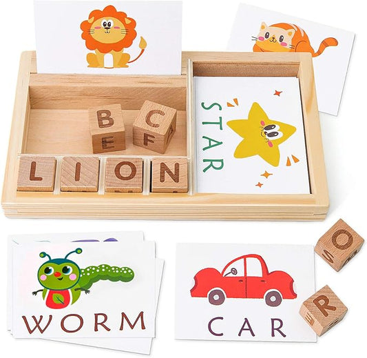 Coogam Spelling Games, Wooden Matching Letters Toy with Flash Cards Words, Montessori ABC Alphabet Learning Educational Puzzle Gift for Preschool Boys Girls Kids Age 3 4 5 Years Old
