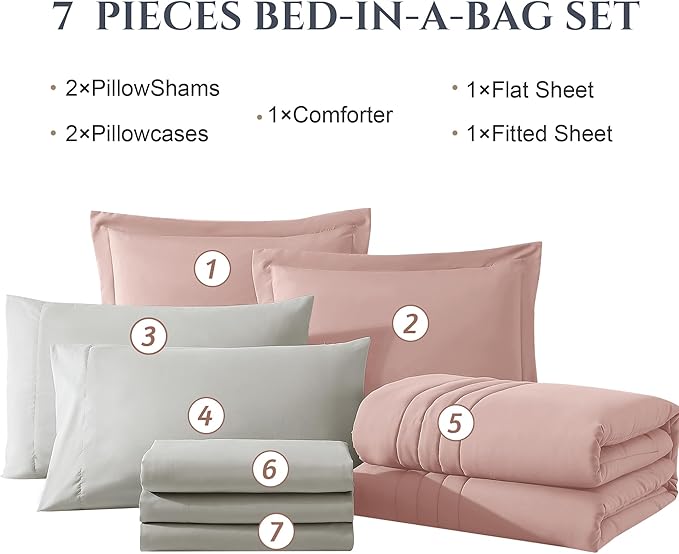 Monbix Full Comforter Set - 7 Pieces Light Pink Bed in a Bag Full Size Bedding Sets with Comforters, All Seasons Comforter with Sheets, Pillowcases & Shams