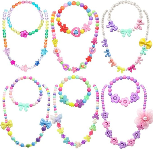 6 Sets Girls Jewelry Princess Flower Necklaces Bracelets for Toddler Girl Princess Costume Dress Up Play Party Favors Toy Gifts for Little Girls Years Old 3 4 5 6 7 8